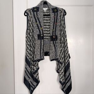 Anés.A Boho Velvet Trim Knit Waterfall Vest Cardigan Size L Gray Black